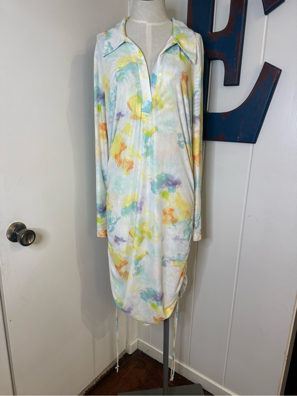 Bar III Nicole Willian english Watercolor Tie-Dye Collared Long Sleeve Dress 0X